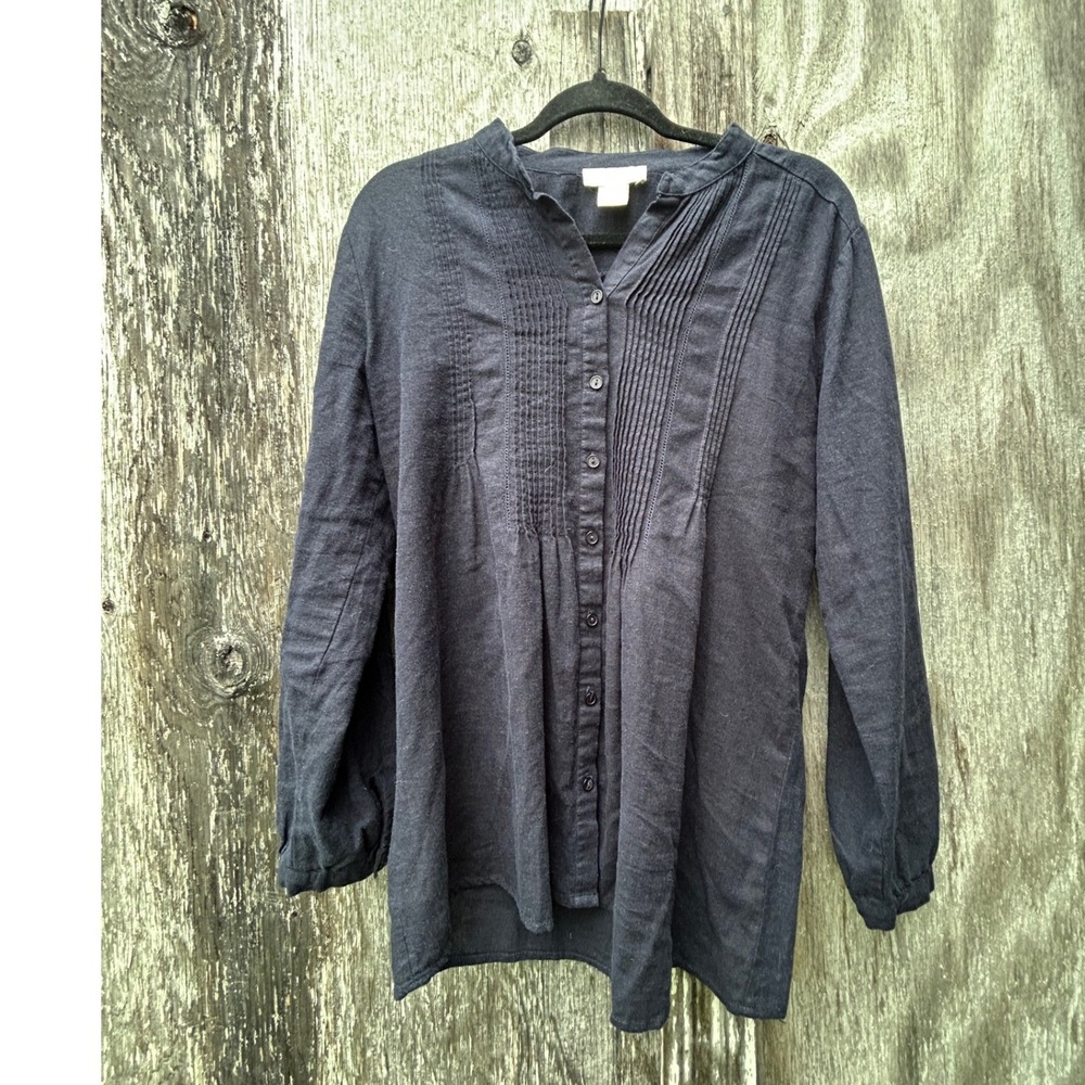 Cynthia Rowley Navy Blue Pintuck Linen Blend Tunic Blouse Roll Tab Sleeve Small
